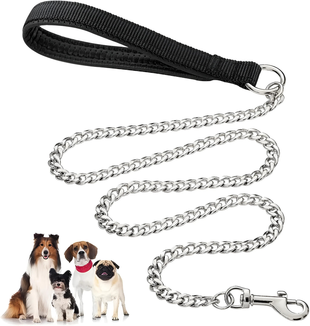 Heavy duty metal chain dog leash with a soft black padded handle, shown in red blue and black colours.