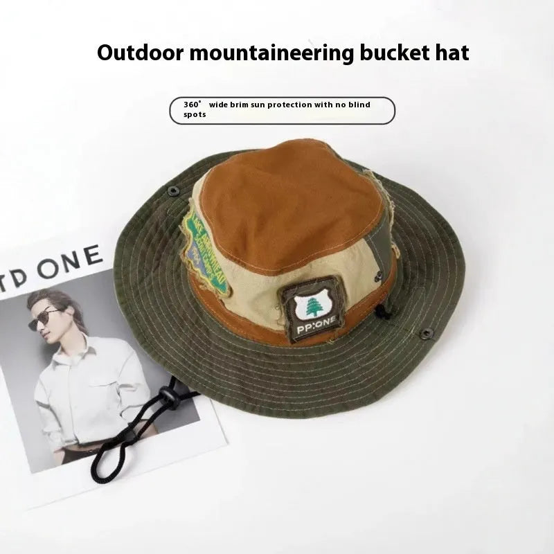 Army green cotton foldable fisherman hat with hand-painted patchwork and flat top crown