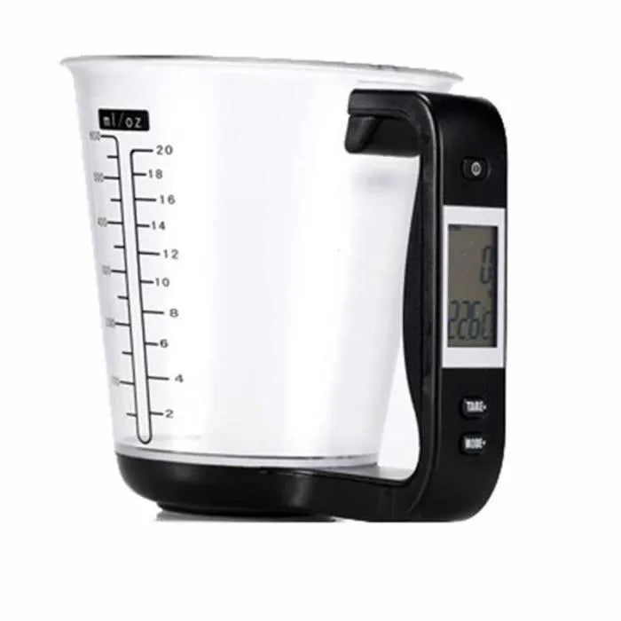Green digital measuring cup scale with LCD display showing weight measurement