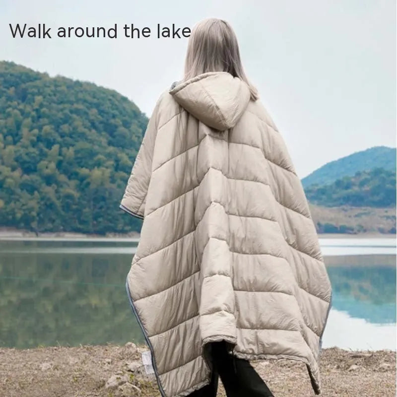 Army Green wearable cloak sleeping bag unfolded showing 200x140cm dimensions and cape design