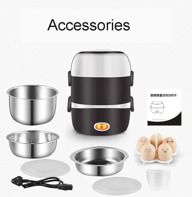 USB-powered multi-function lunch box showing two-layer and three-layer insulated containers