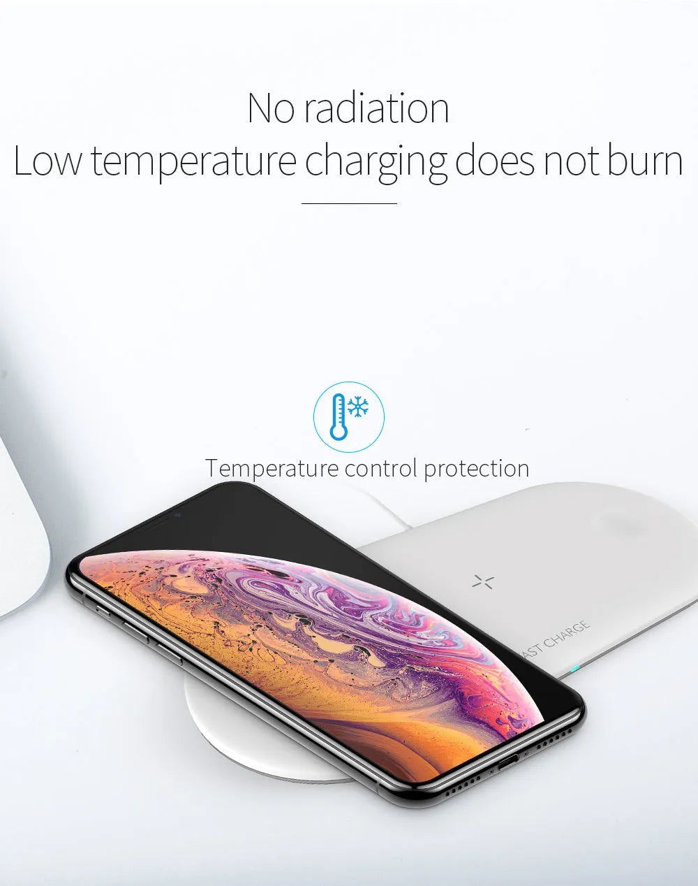 Black three-in-one wireless charging station for Apple Watch, iPhone and AirPods on a desk.
