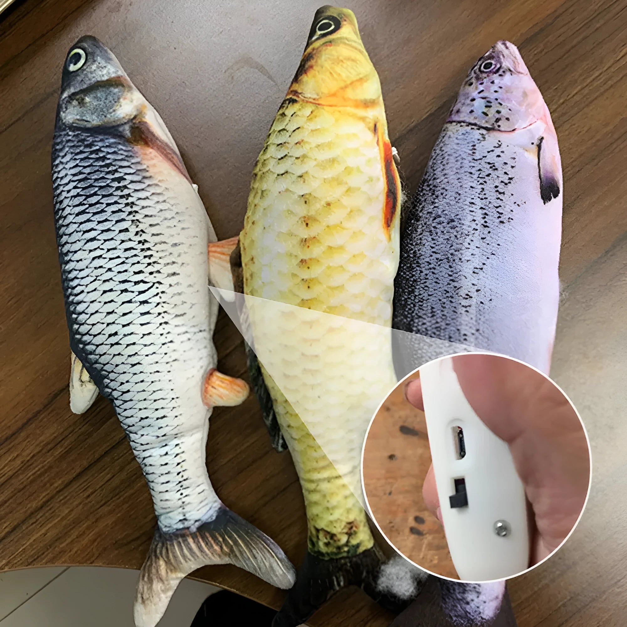 Electronic jumping fish cat toy 30cm long with USB charging cable