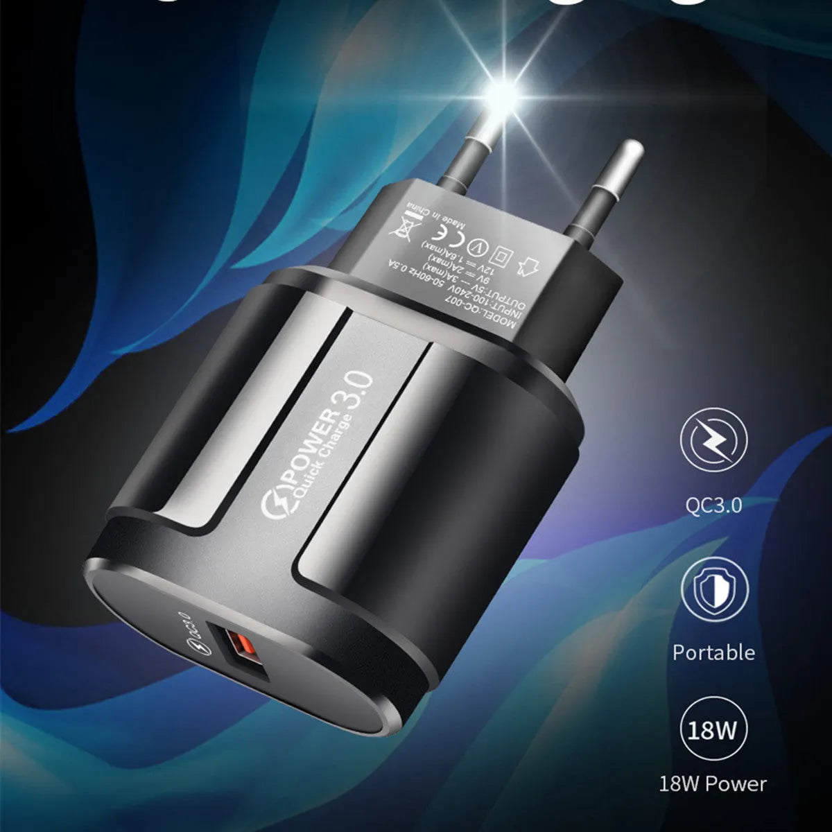 White smart USB travel charger with UK plug showing compact 20x40x65mm dimensions