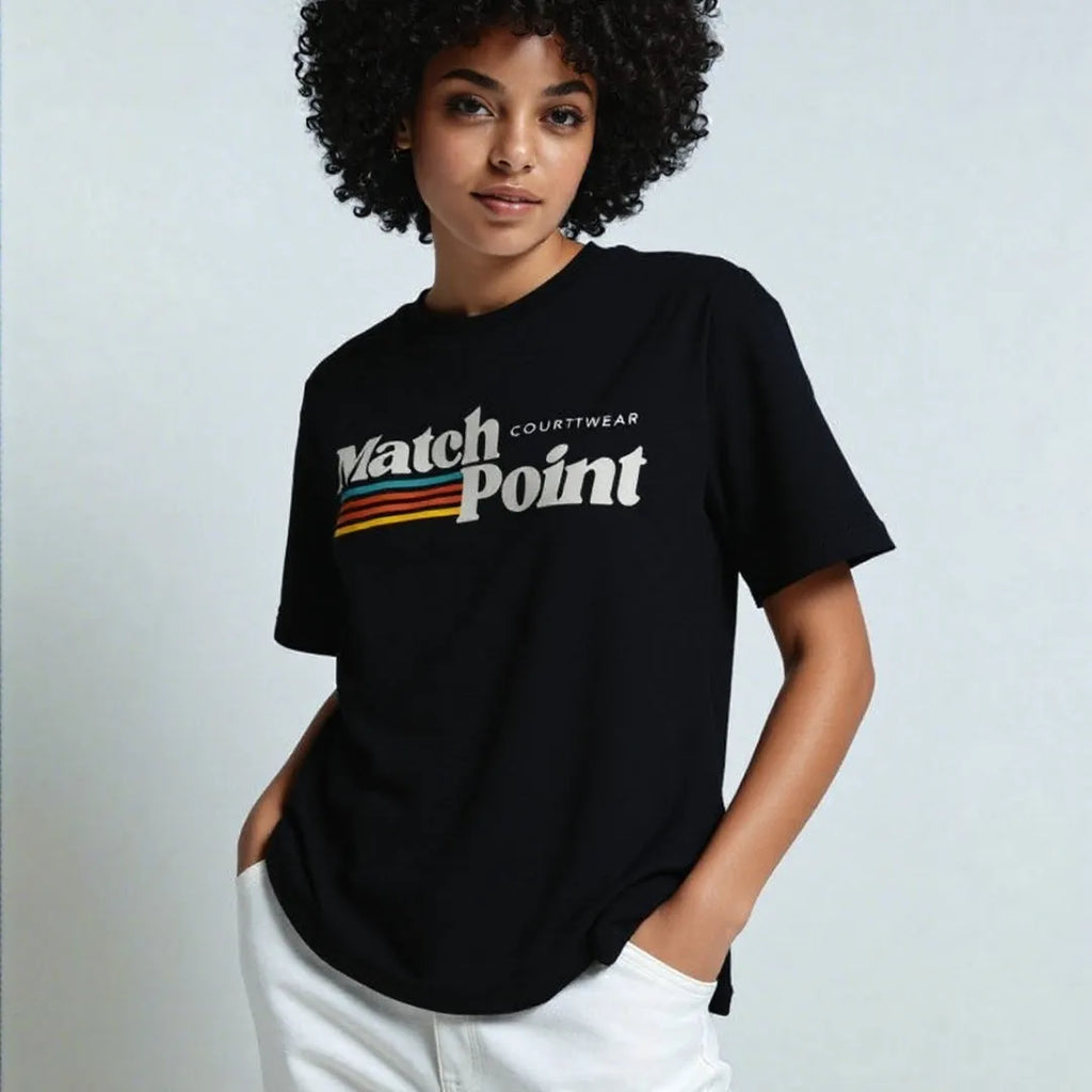 Black men's t-shirt with a 3D digital printed text pattern, round neck, and short sleeves.