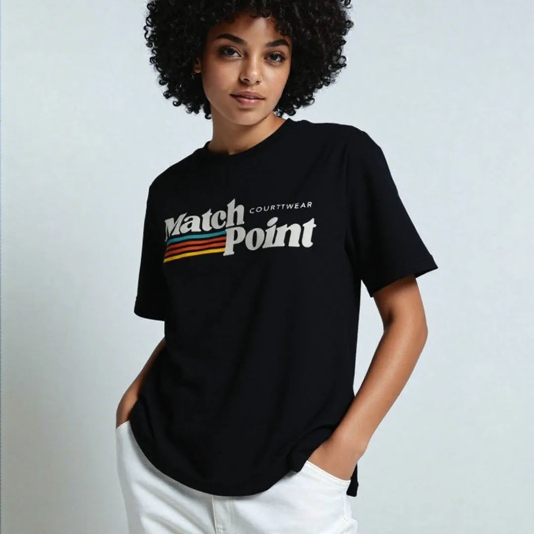 Black men's t-shirt with a 3D digital printed text pattern, round neck, and short sleeves.