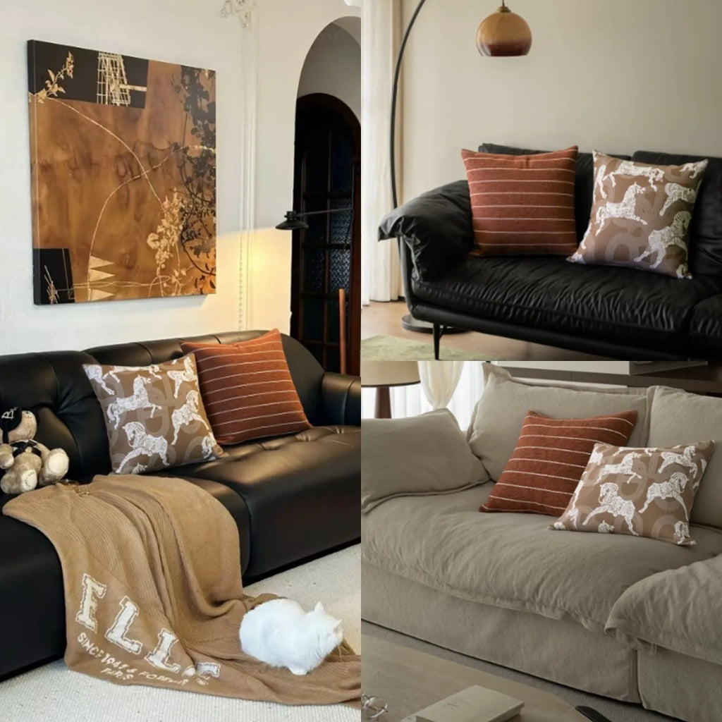 Chinese style square cushion with geometric pattern in Maillard brown colour on a sofa.