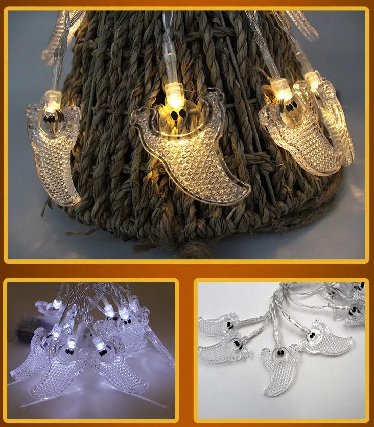 Halloween LED string lights with pumpkin, ghost, bat and spider pendants on a 1.2 metre battery-powered string