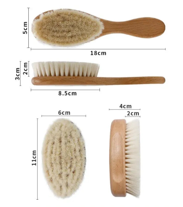 Beech wood baby shampoo brush with goat wool bristles in primary colour finish.