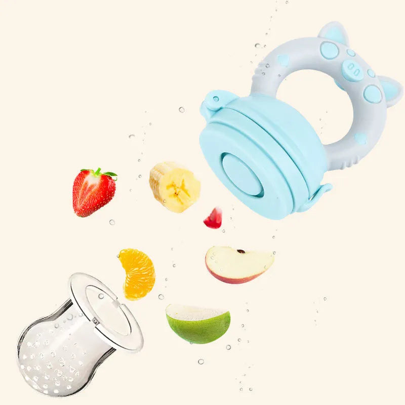 Silicone baby teether in blue, green, or pink colours with 1 or 3 mouthpiece options