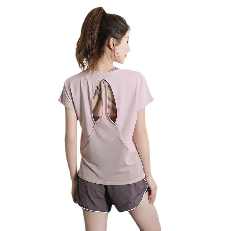 Women's short sleeve sports T-shirt in pink colour for yoga and running activities