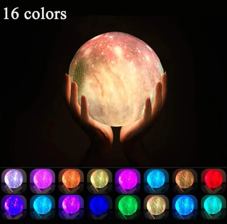 3D-printed spherical moon night light with colour-changing LED glow on a dark surface.