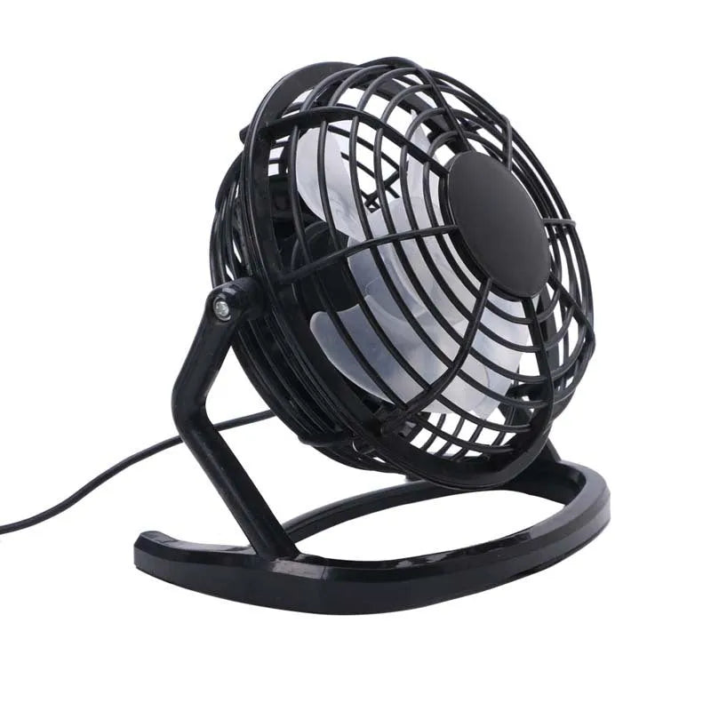 Mini USB desk fan with adjustable angle in black, white, or blue colours for quiet computer cooling