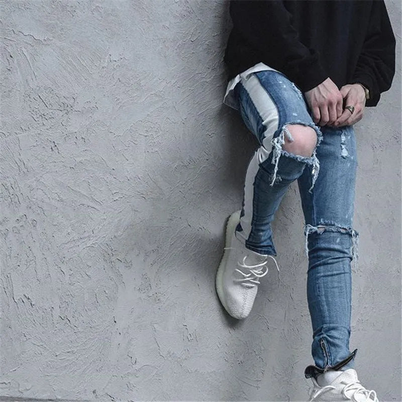 Men's ripped jeans pre-distressed cotton denim skinny fit black colour