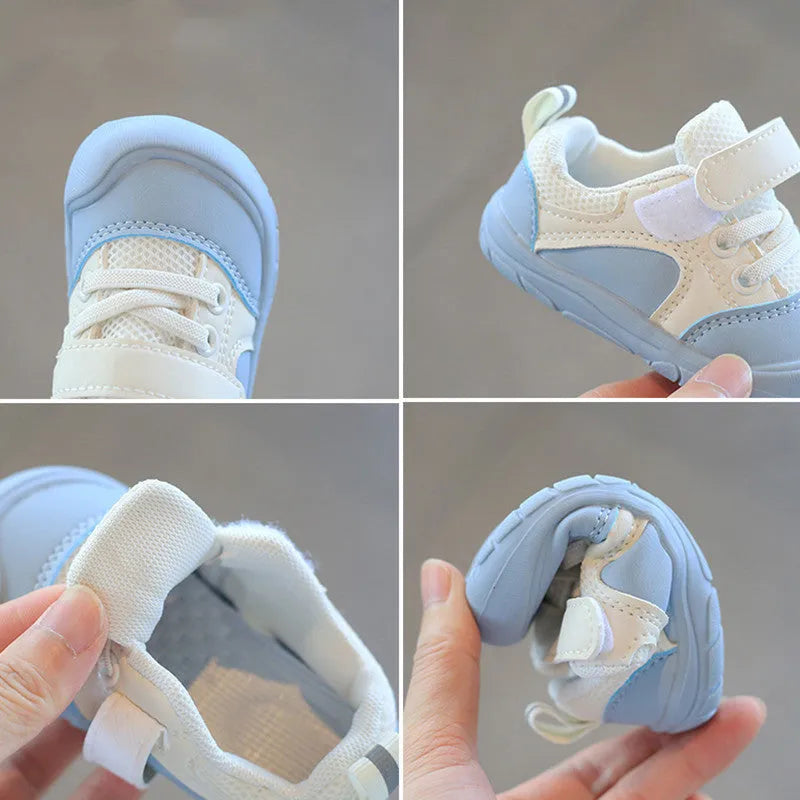 Blue toddler walking shoes with soft anti-skid sole and artificial PU upper