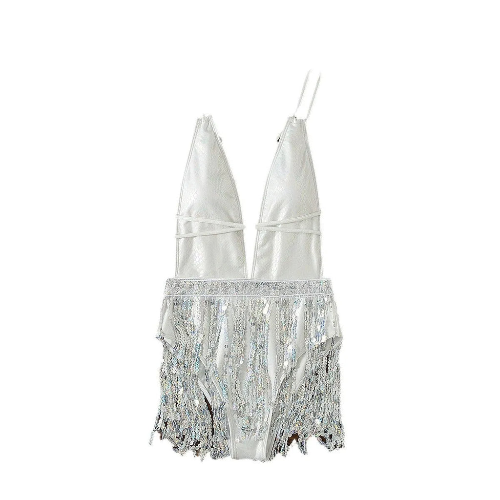 White women's one-piece swimsuit with deep V-neck, tassel hem detailing, and briefs-style bottom