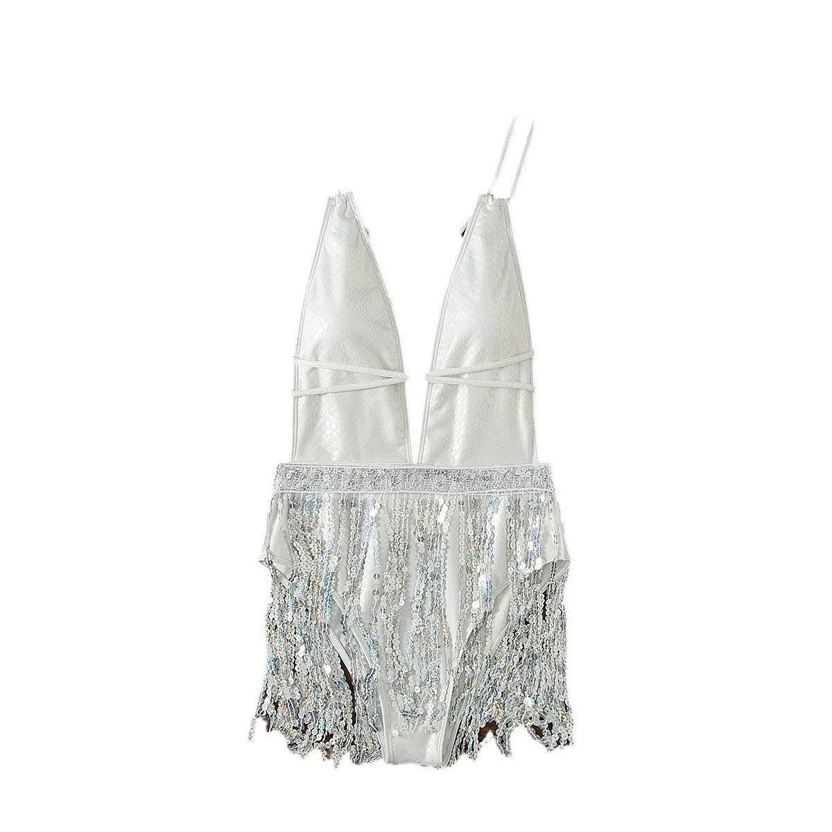 White women's one-piece swimsuit with deep V-neck, tassel hem detailing, and briefs-style bottom
