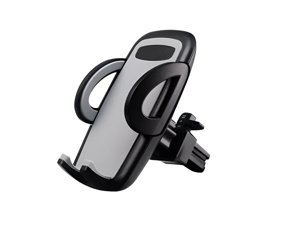 Black car mobile phone holder mounted on air conditioning vent with adjustable clamp for smartphones