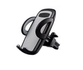 Black car mobile phone holder mounted on air conditioning vent with adjustable clamp for smartphones