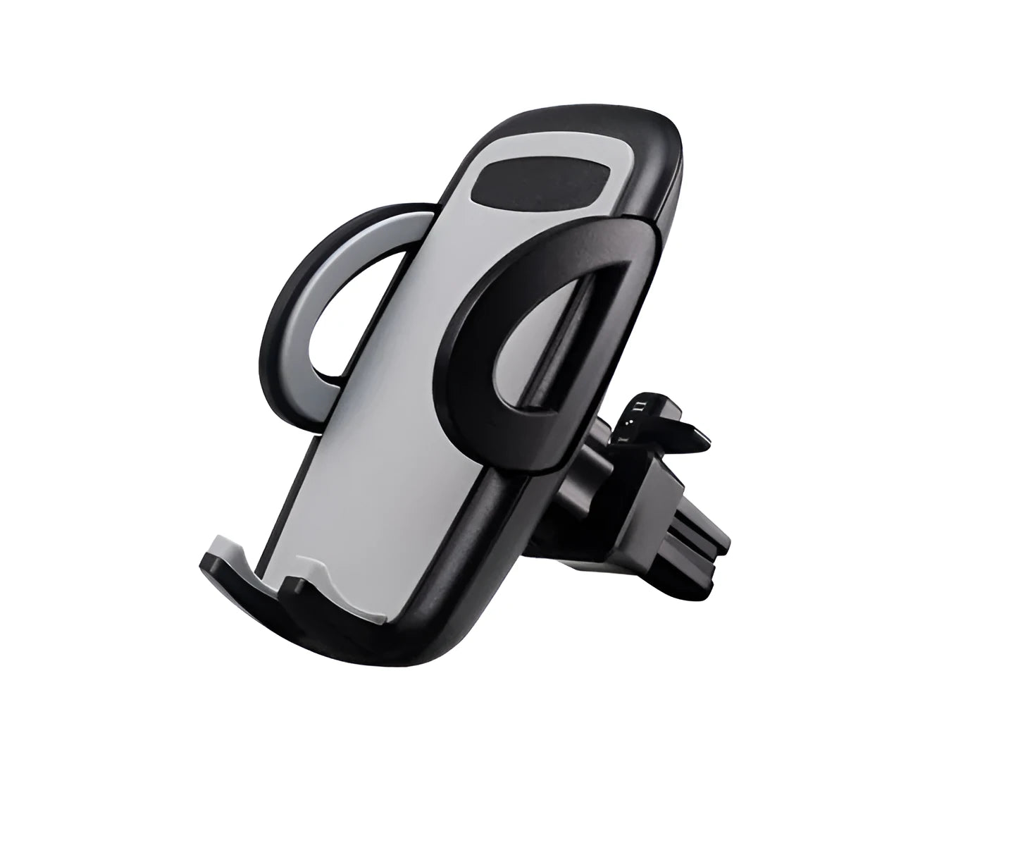 Black car mobile phone holder mounted on air conditioning vent with adjustable clamp for smartphones