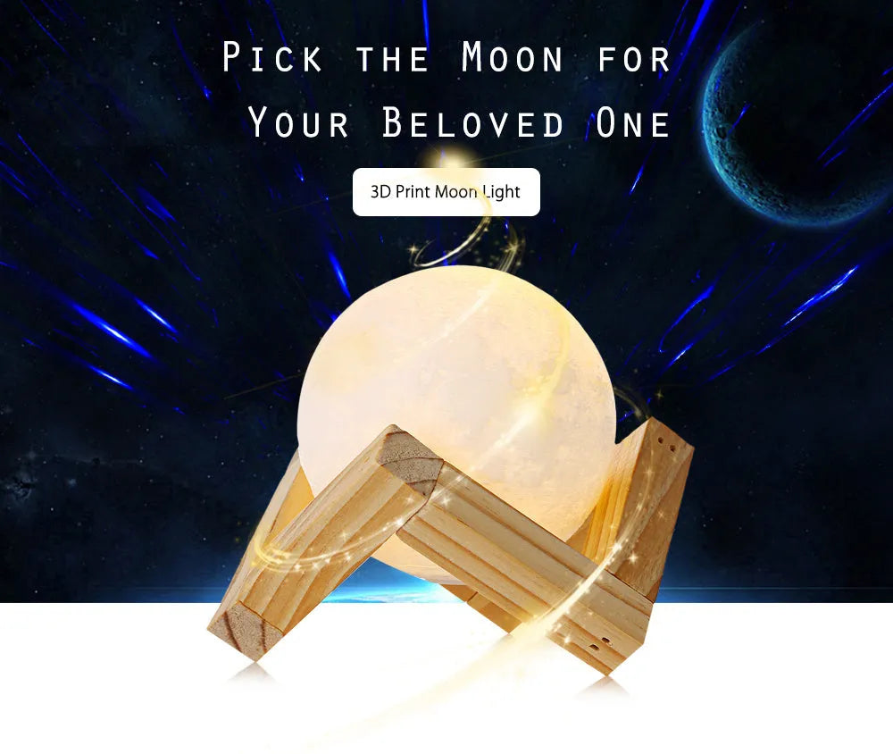 3D printed white moon lamp with detailed craters on a dark background, showing touch ring at base.