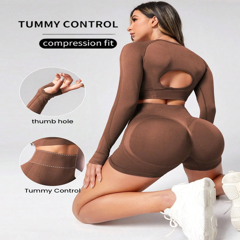 Women's high waist yoga suit in solid color with long sleeve top and pants for quick-drying performance