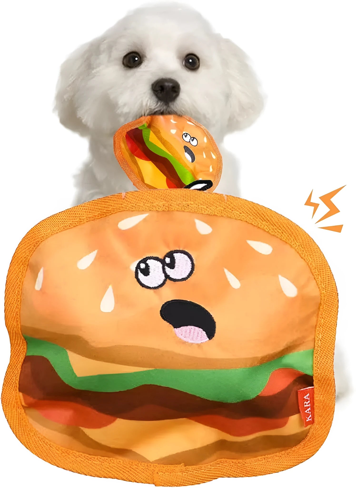Four colourful dog toys shaped like hamburger, fries, hot dog and pizza with crinkle and squeak features