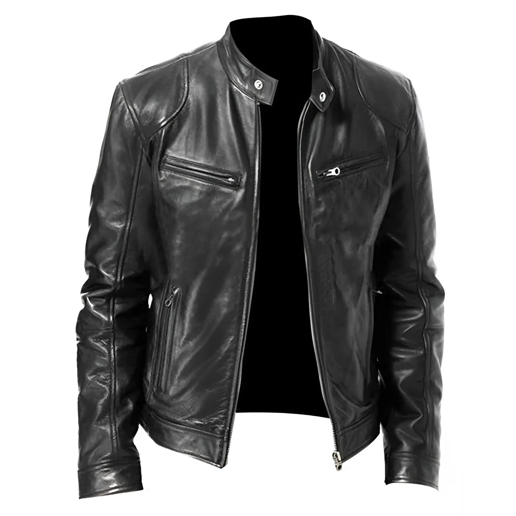 PU leather slim fit jacket in black, front view, for men and women, Asian sizing