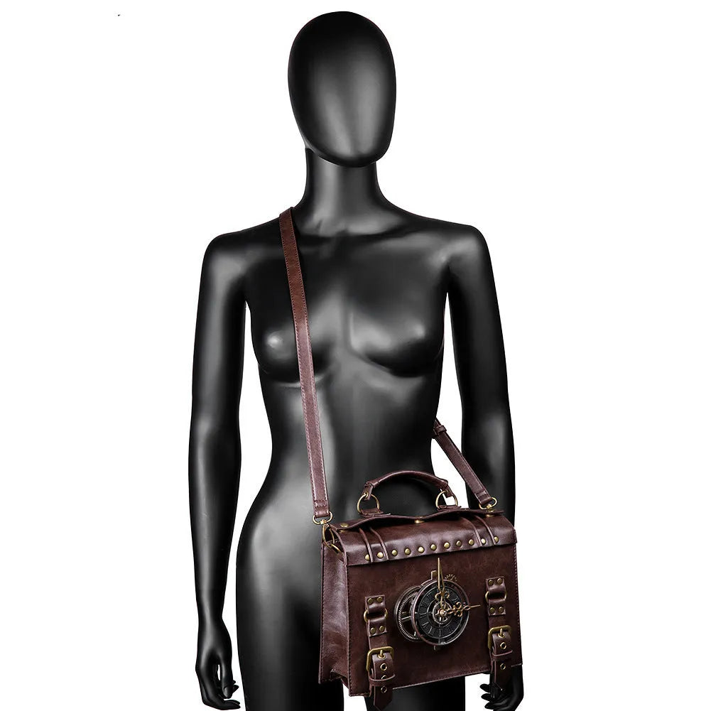 Bronze steampunk pillow shoulder bag with metal details on a horizontal square shape