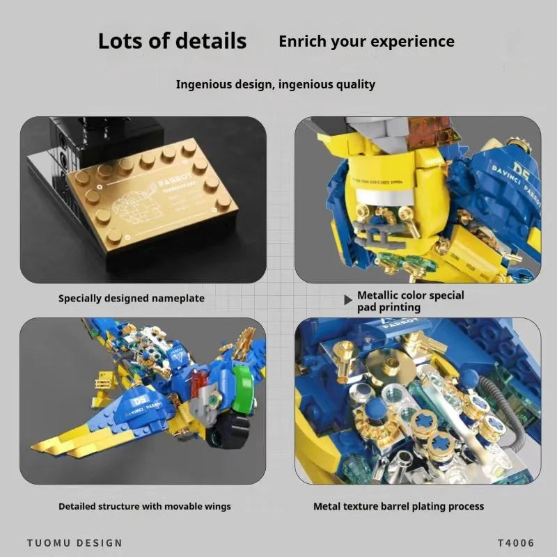 Macaw steampunk style mechanical building blocks educational toy, small particle plastic model kit, 27x19x8cm colour box packaging