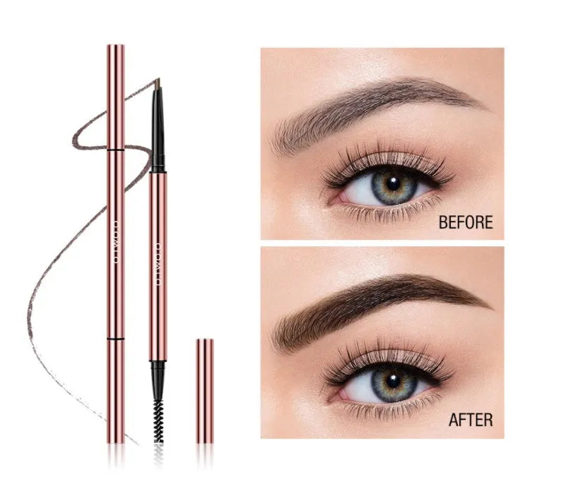 Eyebrow makeup pencil in colour box packaging, shown in shades of Auburn, Blonde, Caramel, Dark Brown, Soft Brown, and Taupe.