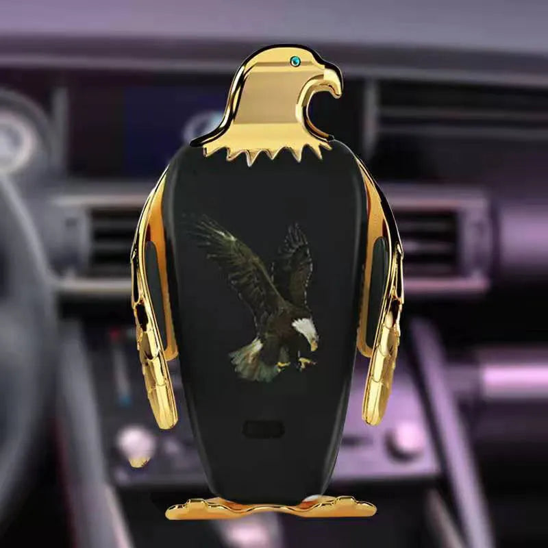 Wireless charging car phone holder in Eagle style with suction cup mount.