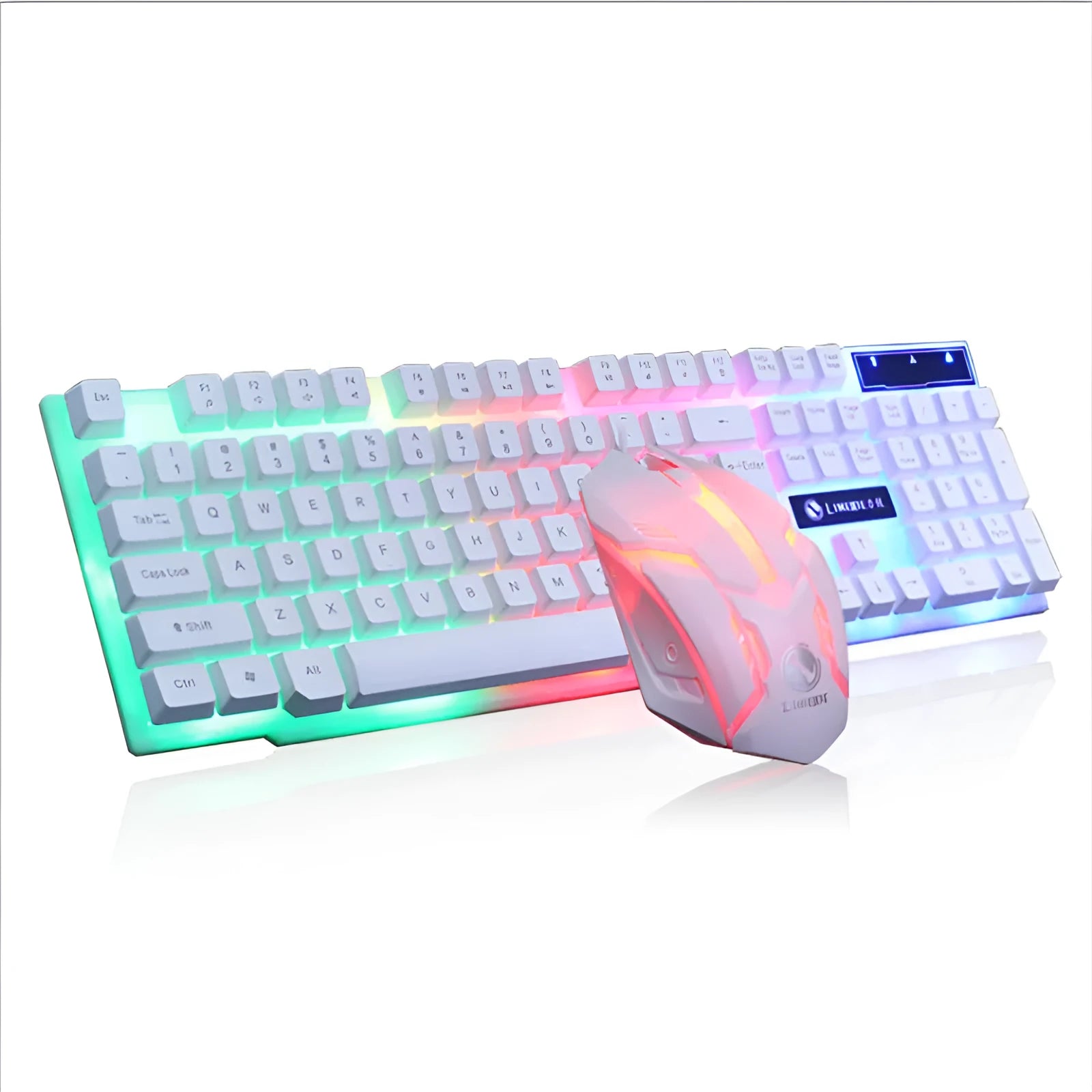 Limei Gtx300 black and white gaming keyboard and mouse set with backlight on desktop
