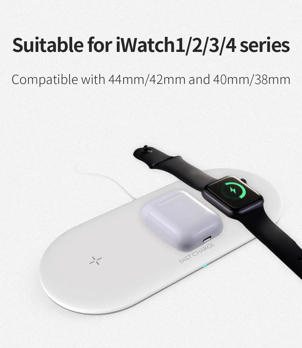 Black three-in-one wireless charging station for Apple Watch, iPhone and AirPods on a desk.