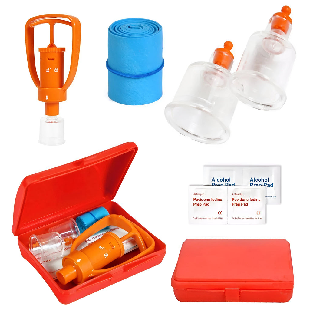 Orange ABS first aid kit open to show a manual suction pump, two suction cups, a tourniquet, and antiseptic swabs.