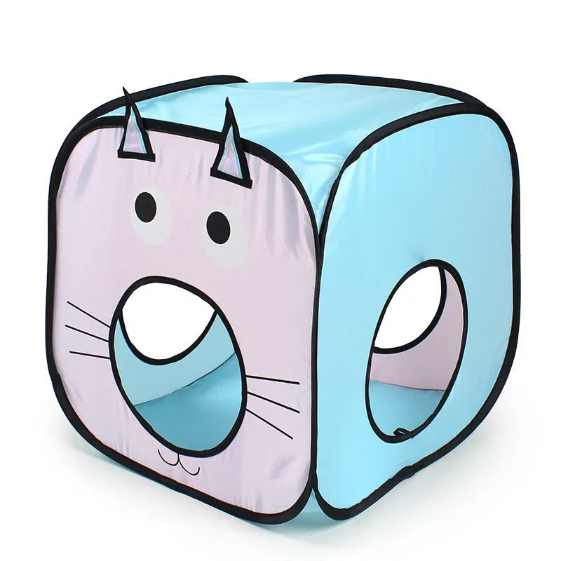 Foldable pet tent cat tunnel set with three connecting sections and tent enclosure in Cat Fish design