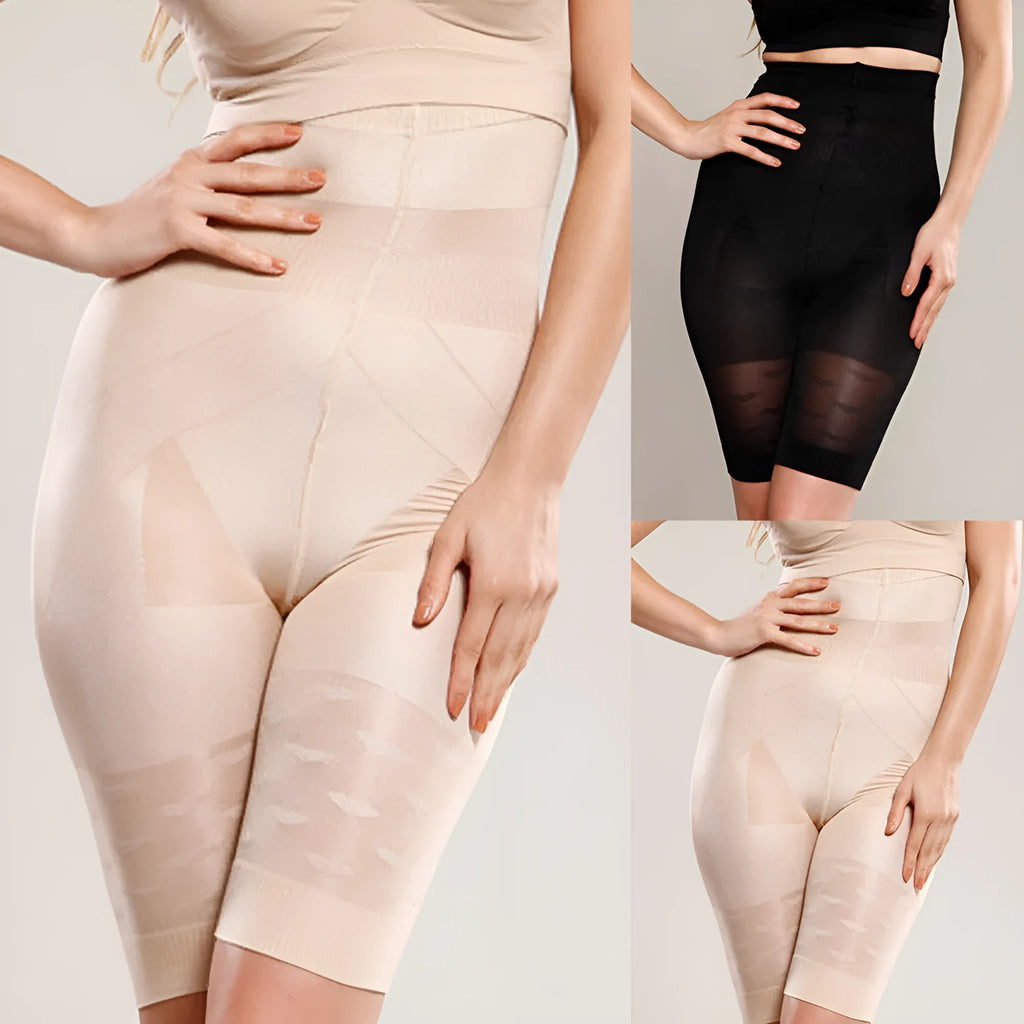 Black seamless high-waist shapewear shorts for women laid flat.