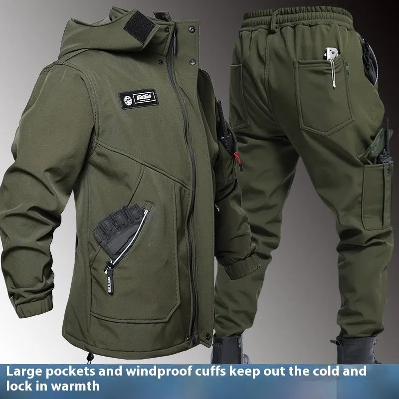 Fleece-lined waterproof jacket suit two-piece set in Black, Army Green, and Gray, sizes 165-190, for men and women