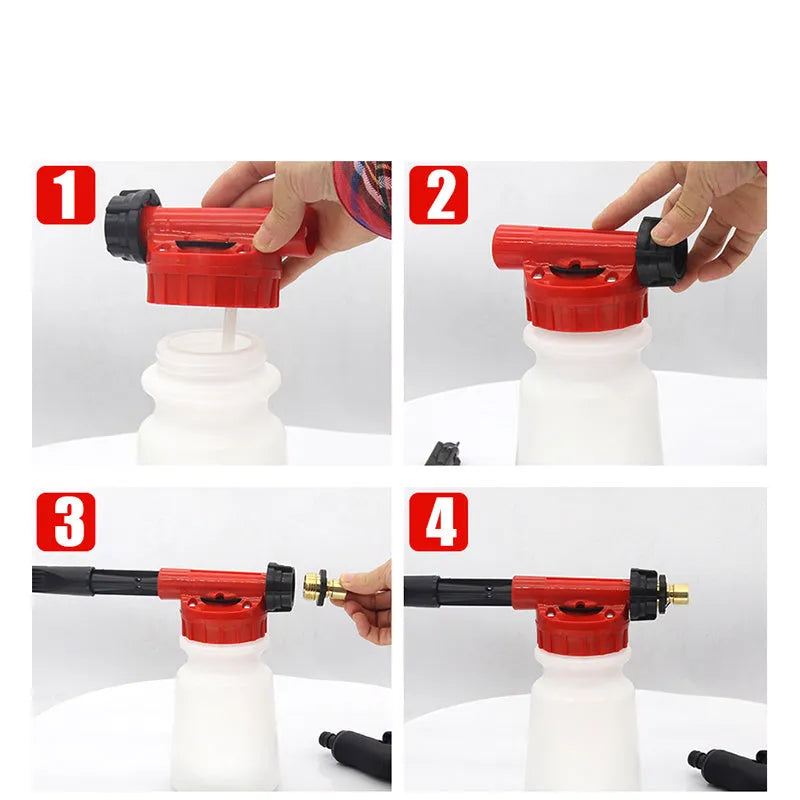 Compact high pressure water gun for garden use, showing handheld sprayer with foam pot.