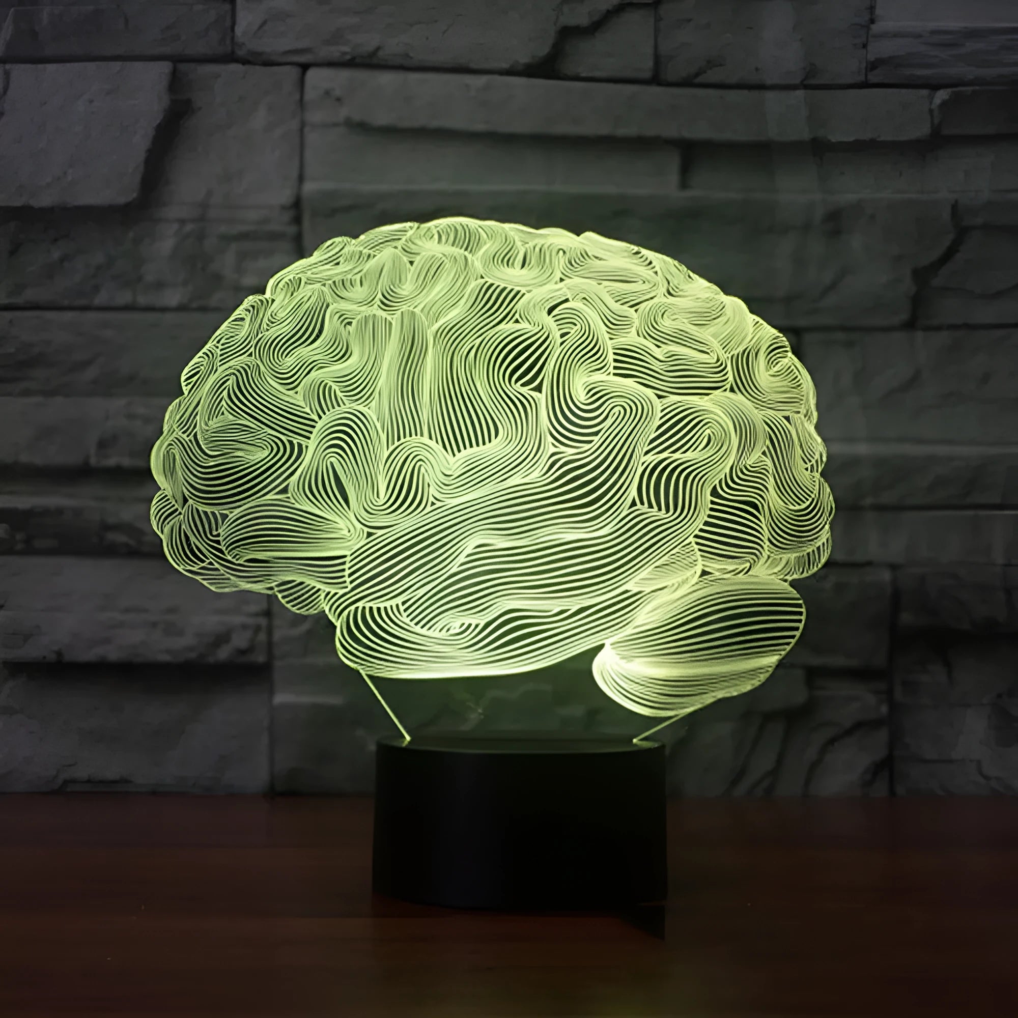 3D brain illusion LED desk lamp with acrylic design and remote control on wooden surface