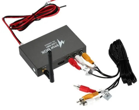 Black car mirror link box Wi-Fi A/V converter with power cable, antenna, AV cable, and manual for smartphone screen mirroring.