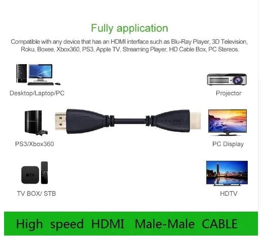 Gold-plated HDMI cable with male connectors showing length options from 0.3m to 5m