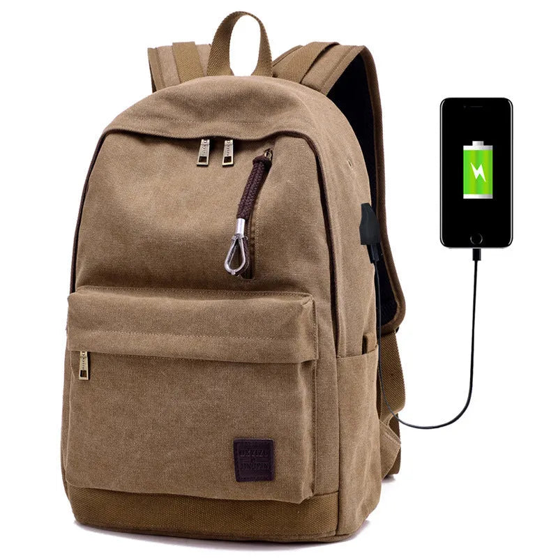 Coffee coloured canvas backpack with USB charging port and multiple zippered compartments