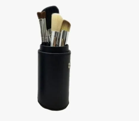 Niya Supply 12-piece makeup brush set in black PU cylinder with assorted wooden-handled brushes