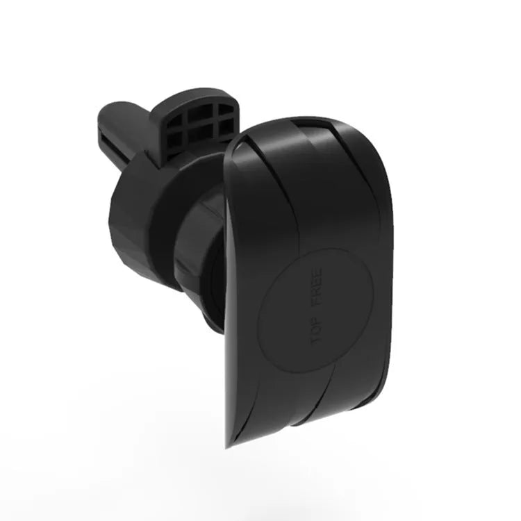 Black car phone holder mounted on vehicle air vent with smartphone