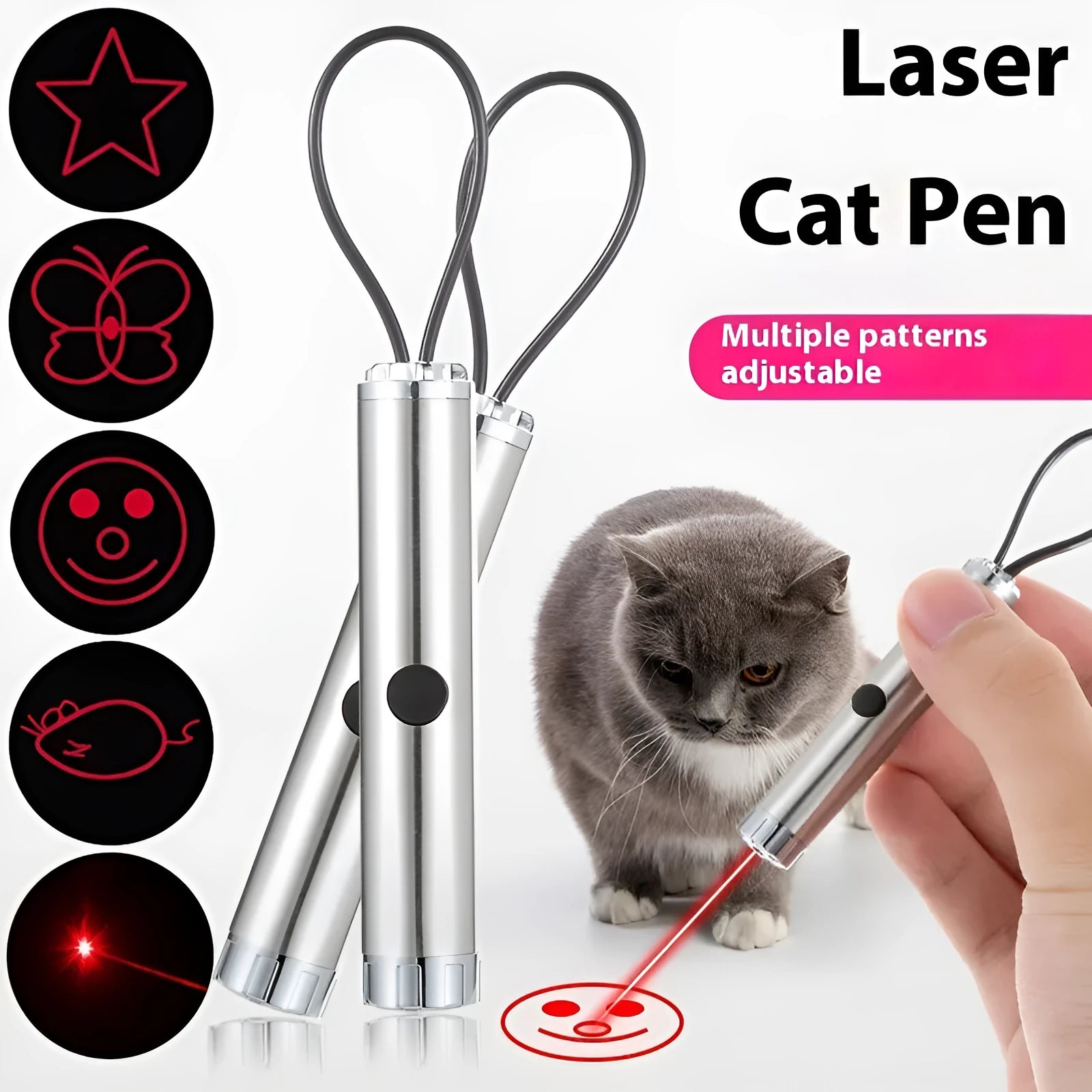 Silver stainless steel laser pen cat toy with four light spot patterns