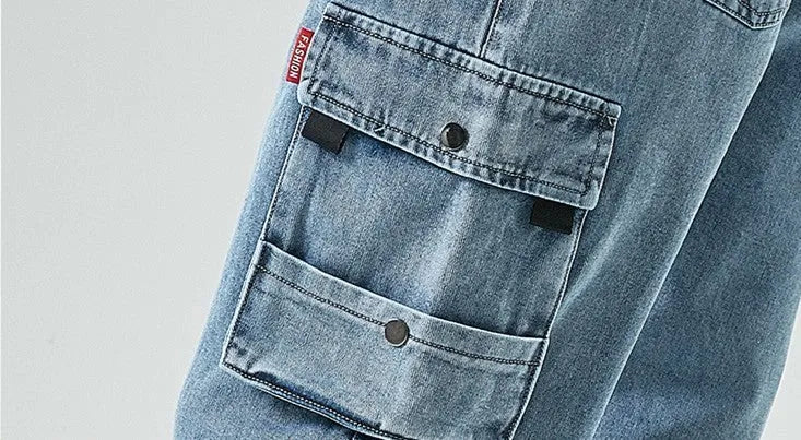 Men's denim cropped trousers in black, mid-waist straight-leg design, cotton fabric, size M to 8XL