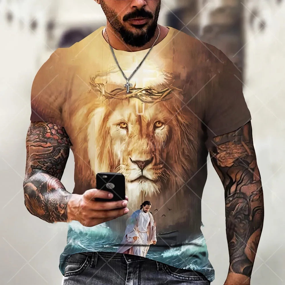 Men's grey t-shirt with a detailed 3D printed Jesus pattern on the front.