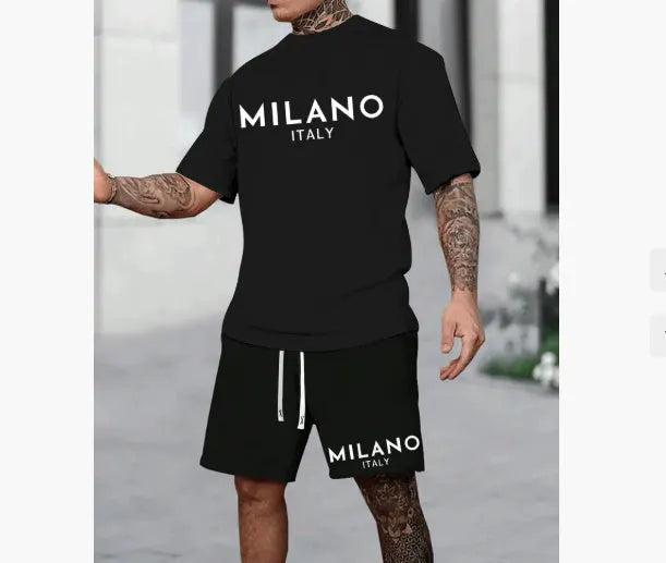 European style short sleeve polyester suit with round neck top and matching shorts in various colours