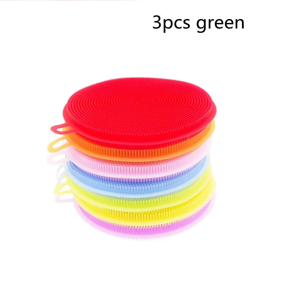 Set of silicone dishwasher cleaning brushes in assorted colours, 115mm diameter, heat resistant for kitchen use
